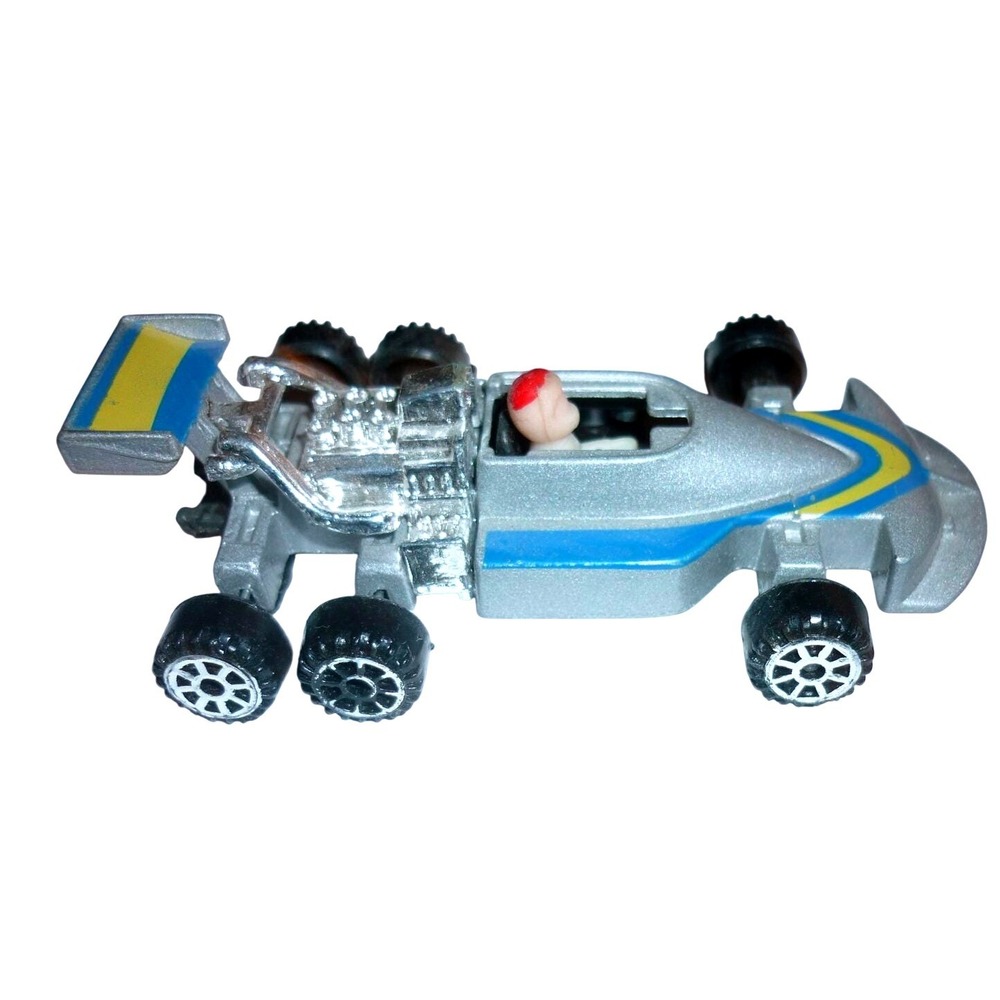 Vintage Summer Diecast 6-Wheel Formula 1 Race Car Silver Blue Yellow 1/64 Scale